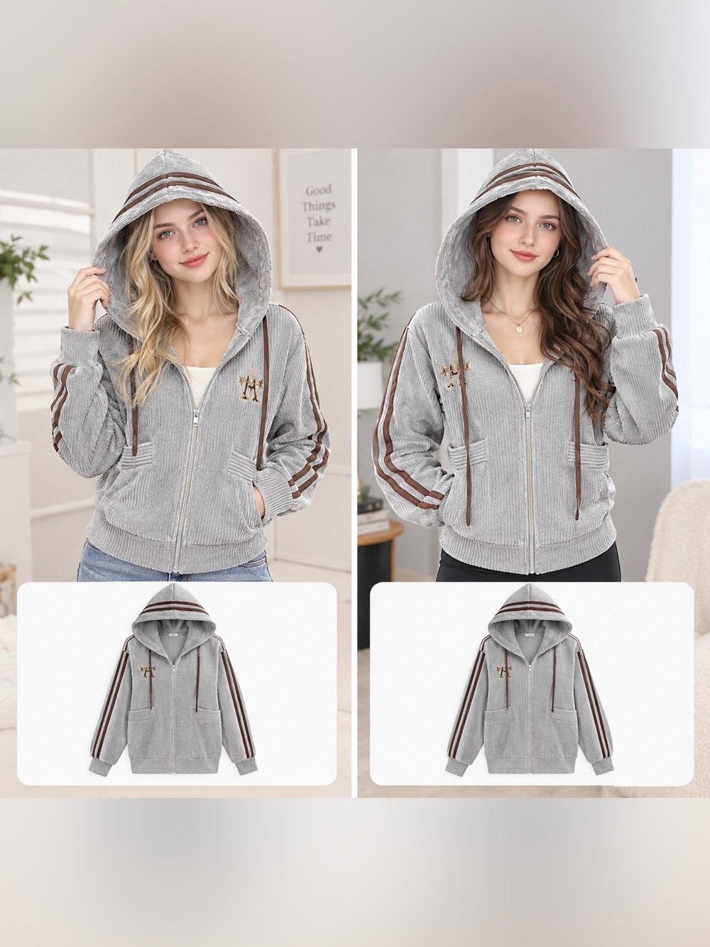 I.N. Studio Gray Hooded Zip-Up Jacket with Brown Stripe Accents